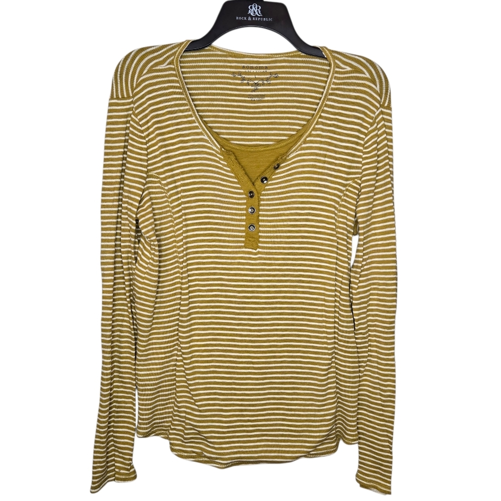 Y2K Henley Ribbed Striped‎ Long Sleeve Top Academia 90s Soft Grunge Large Skater